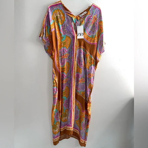Zara Printed Boho  V-Neck Kaftan Tunic Pull Over Dress - Picture 3 of 6